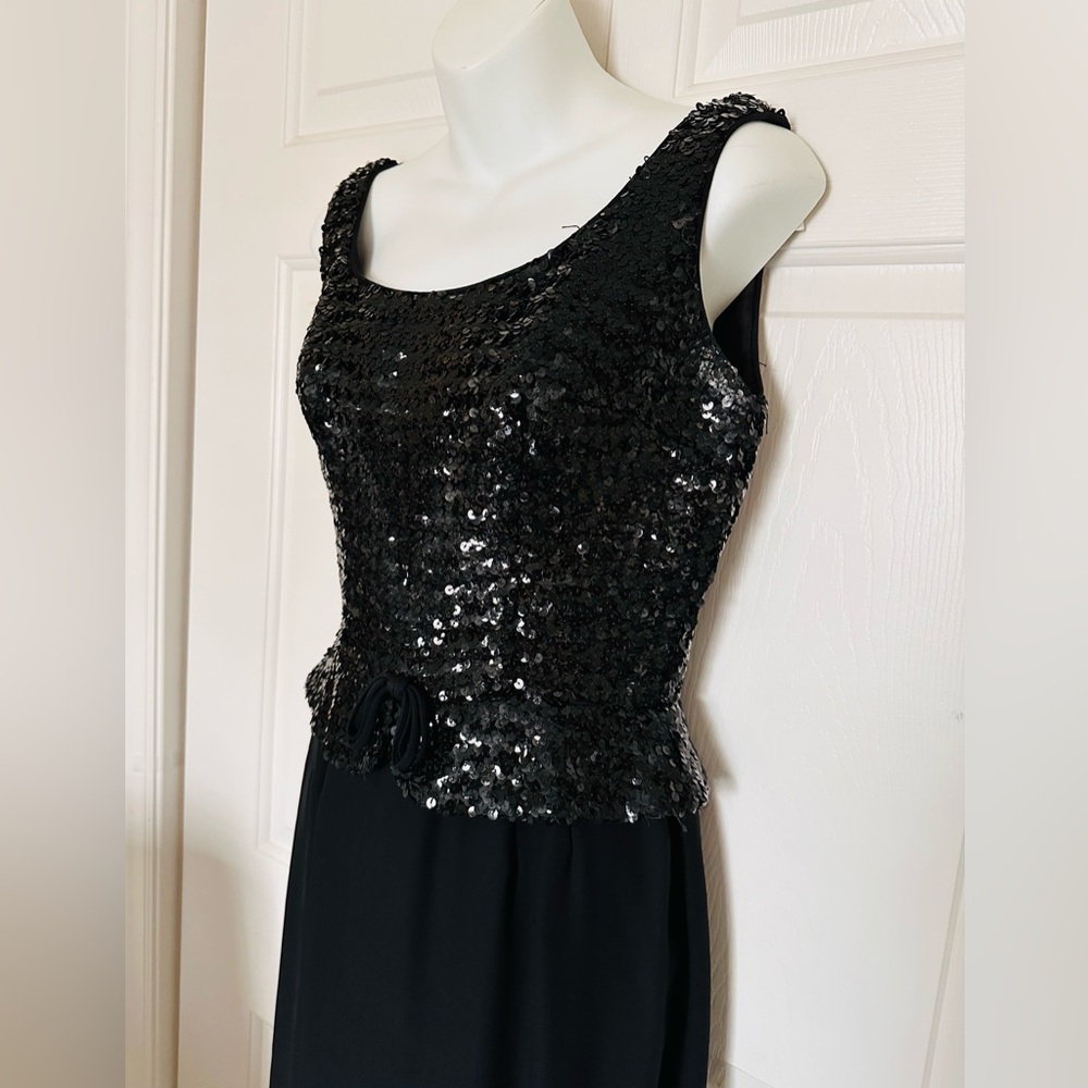 Vintage Black Sequined Midi Formal Cocktail And Party Dress Sz S